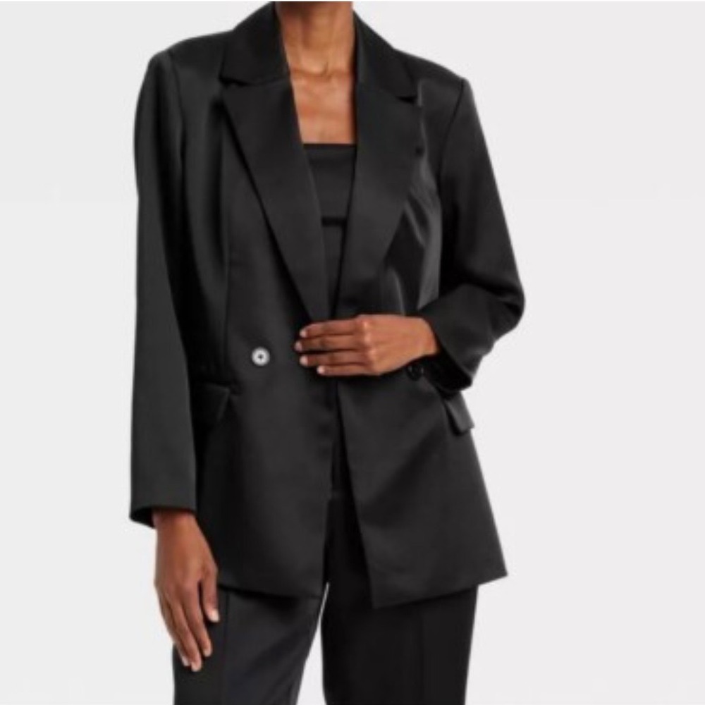 A‎ New Day Satin Double Breasted Blazer Jacket - Sophisticated, Black old money